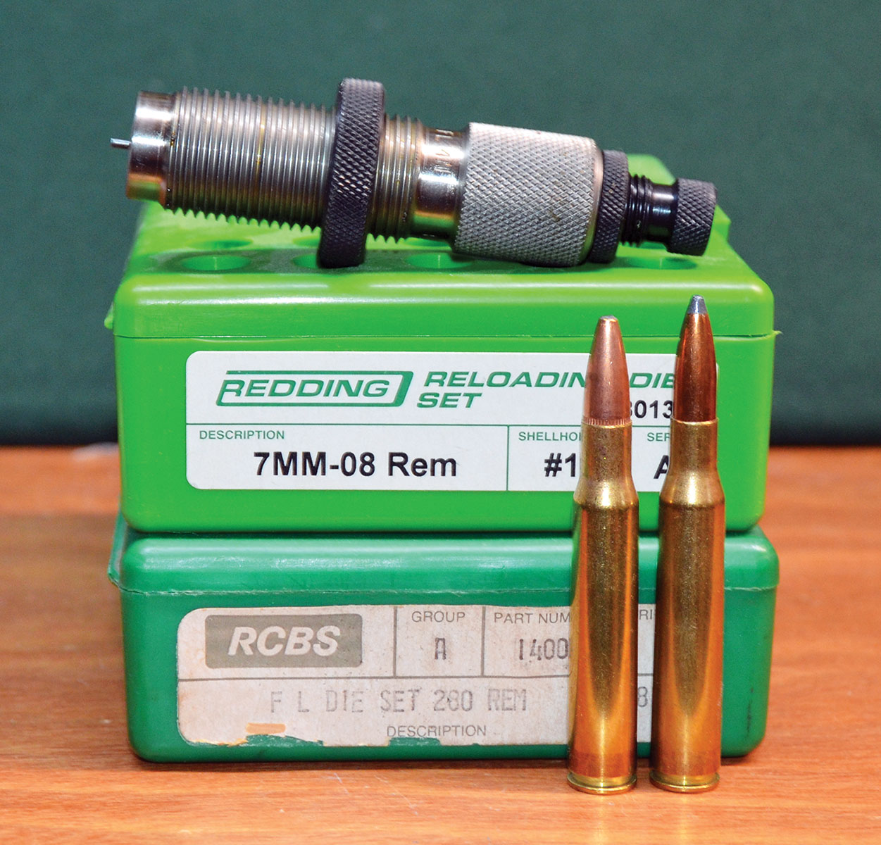 In the absence of reloading dies, the first ammunition was loaded for the rifle in 285 O.K.H. belonging to Layne’s friend, by necking down the 30-06 case with an RCBS full-length sizing die for the 280 Remington. A Redding full- lengthsizer was used to gradually push the shoulder back until the case was a snug fit in the chamber during bolt closure of the rifle. Bullets were seated with an RCBS 280 Remington die.